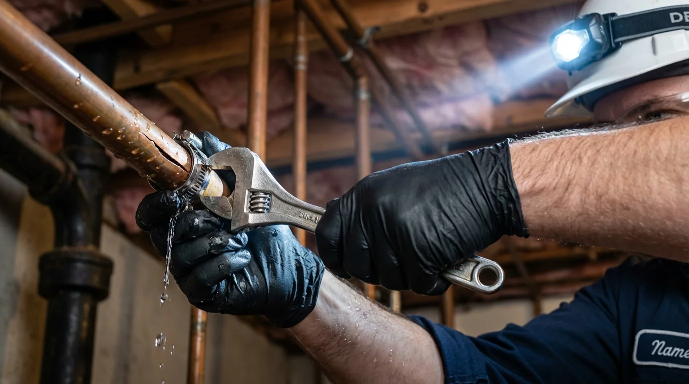 Emergency pipe clamp repair being performed by a Johns Plumbing LLC plumber in Brookston