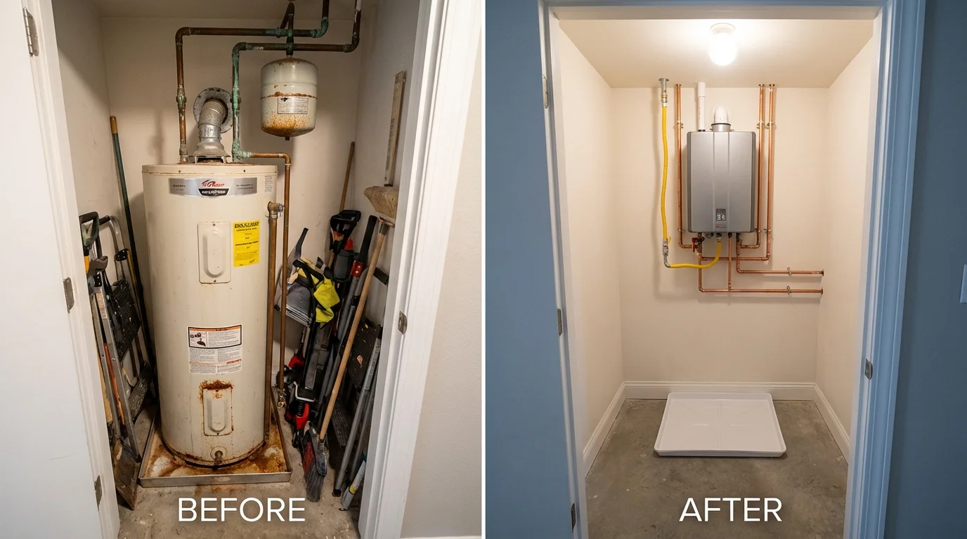 Tank water heater versus wall-mounted tankless unit comparison for Brookston, IN homeowners