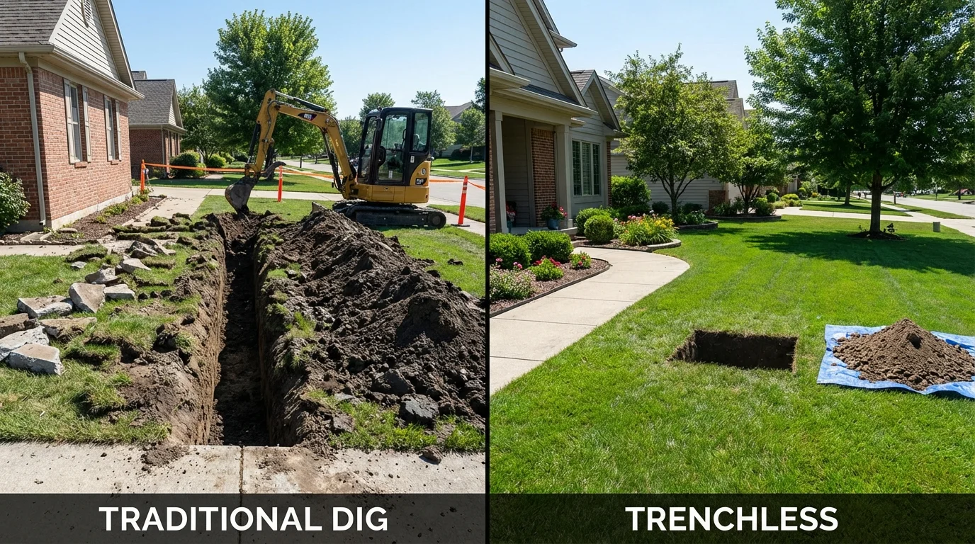 Trenchless sewer repair with minimal yard damage versus traditional excavation in Brookston, IN