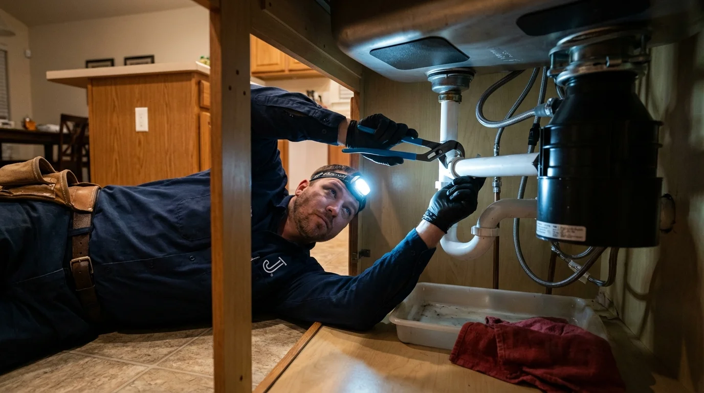 P-trap and supply line connections under a kitchen sink showing a common leak point in Brookston, IN